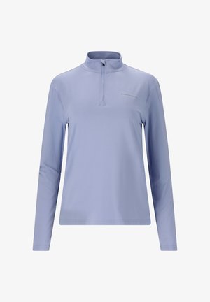 Light blue long-sleeve top with a quarter-zip collar, made of smooth, stretchable material. Features subtle branding on the chest.