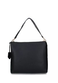 Borsa a tracolla rettangolare nera in pelle con una singola cerniera superiore e una tracolla texturizzata rimovibile.