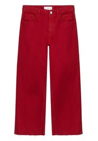 Jeans rojos de pierna ancha hechos de mezclilla con una cintura de talle medio, que cuentan con bolsillos frontales y dobladillos sin coser para un look informal.