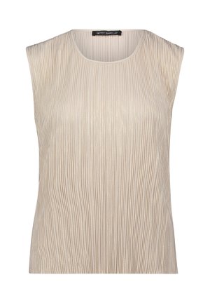 Ærmeløs beige bluse med lodrette plisser, rund halsudskæring og Betty Barclay-mærke på bagsiden af kraven.
