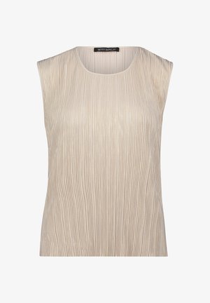 Ærmeløs beige bluse med lodrette plisser, rund halsudskæring og Betty Barclay-mærke på bagsiden af kraven.