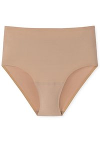 Beige hochgeschnittene Unterwäsche mit glatter Textur und nahtlosen Kanten. Verfügt über einen breiten Bund für Komfort und sauber geschnittene Beinausschnitte.
