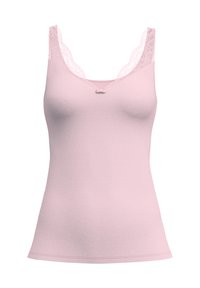 Roze cami met kantafwerking langs de halslijn en bandjes, met een aansluitende pasvorm en een klein strikdetail in het midden.