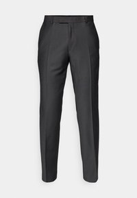Pantalons sur mesure en tissu gris foncé. Présentent une coupe slim, un devant plat et des passants de ceinture. Texture lisse avec un subtil éclat.