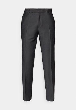 Tailored trousers in dark gray fabric. Features a slim fit, flat front, and belt loops. Smooth texture with subtle sheen.
