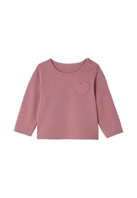 Langärmliges Oberteil für Kleinkinder in staubrosa mit rundem Ausschnitt, Knopf an der Schulter und gesticktem Herzmotiv auf der Brust.