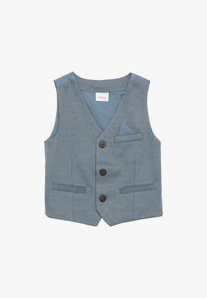 Jasnoniebieska, bezrękawnikowa kamizelka o teksturowanej tkaninie. Posiada trzy brązowe guziki, dwie przednie kieszenie oraz detal z chusteczką w kieszeni.