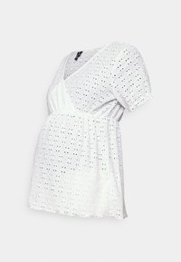 White maternity top with short sleeves, V-neck, and gathered waist. Eyelet fabric features small cutouts for breathability and texture.