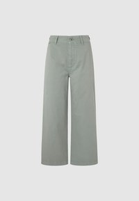 Pantalones de pierna ancha de color verde claro, hechos de algodón. Cuentan con una cintura de altura media con cierre de botón y bolsillos laterales. Textura suave, sin patrones.