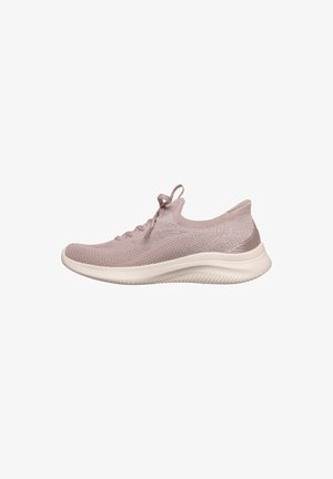 Baskets tricotées mauves claires avec semelle blanche amortissante, col de cheville bas et fermeture à lacets, présentées en profil latéral sur fond blanc.