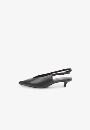 Mustast nahast rihmking varbavaaga, madala kassistabiga kontsaga ja reguleeritava rihmaga. Sile tekstuur, minimalistlik disain ja klassikaline siluett.