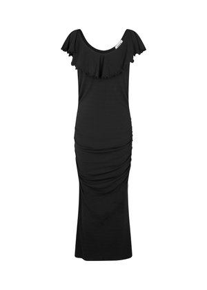 Black midi dress made from soft fabric, featuring short ruffled sleeves, a scoop neckline, and gathered detailing on the sides.