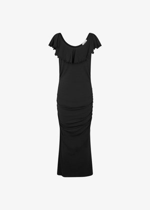 Black midi dress made from soft fabric, featuring short ruffled sleeves, a scoop neckline, and gathered detailing on the sides.
