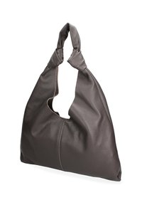 Borsa in pelle grigio scuro con manico a nodo unico. Presenta una silhouette morbida e un'apertura ritagliata prominente. Texture morbida.