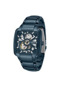 Kwadratowy automatyczny zegarek z niebieskim metalowym paskiem, przezroczystą tarczą, która odsłania mechanizmy, oraz srebrnymi akcentami. Posiada wyraźne znaczniki godzin i koronkę.