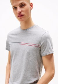 Pelēka kokvilnas t-kreklā ar īsām piedurknēm, ar sarkaniem un zilajiem horizontāliem svītrām un logo "TOMMY JEANS", kas drukāts krūtīs.