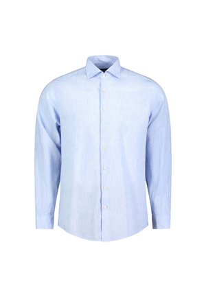 Camicia azzurro chiaro a maniche lunghe realizzata in tessuto testurizzato con chiusura a bottoni, colletto classico e maniche con polsini. Presenta sette bottoni.