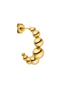 Runde goldene Creolen mit einer Reihe von abgestuften, kugelförmigen Perlen. Glatte, glänzende Oberfläche mit sicherem Stecker-Verschluss.