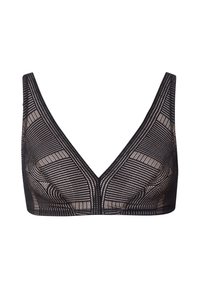 Black bralette featuring a V-neck design, intricate geometric pattern, and textured fabric. Smooth edges and no visible hardware.