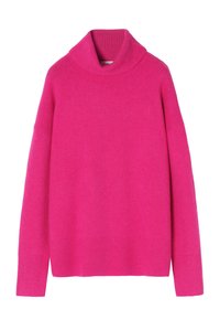 Różowy wełniany sweter z golfem o luźnym kroju, ze ściągaczami przy mankietach i na dole. Gładka faktura o solidnej wadze, z minimalistycznym designem.