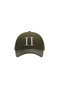 Olive green cap with a soft texture, featuring a white embroidered double 'II' on the front and a contrasting suede visor.