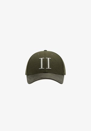 Olive green cap with a soft texture, featuring a white embroidered double 'II' on the front and a contrasting suede visor.