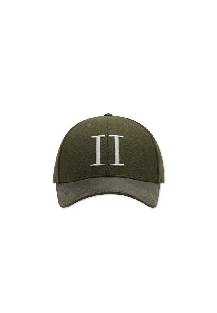 Olive green cap with a soft texture, featuring a white embroidered double 'II' on the front and a contrasting suede visor.
