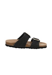 Sandali slide in denim nero con due fibbie regolabili, soletta in sughero e suola in gomma nera testurizzata, caratterizzati da un design casual.