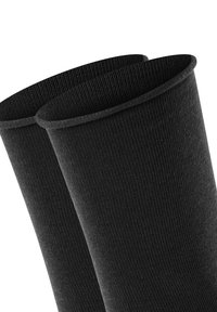 Black knee-high socks with a ribbed texture and reinforced cuffs, featuring a smooth finish and a straight-cut top edge.