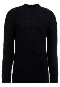 Svart stickad tröja med rund hals, ribbade manschetter och nederkant. Det strukturerade tyget har ett löst stickmönster. Ärmarna är långa.