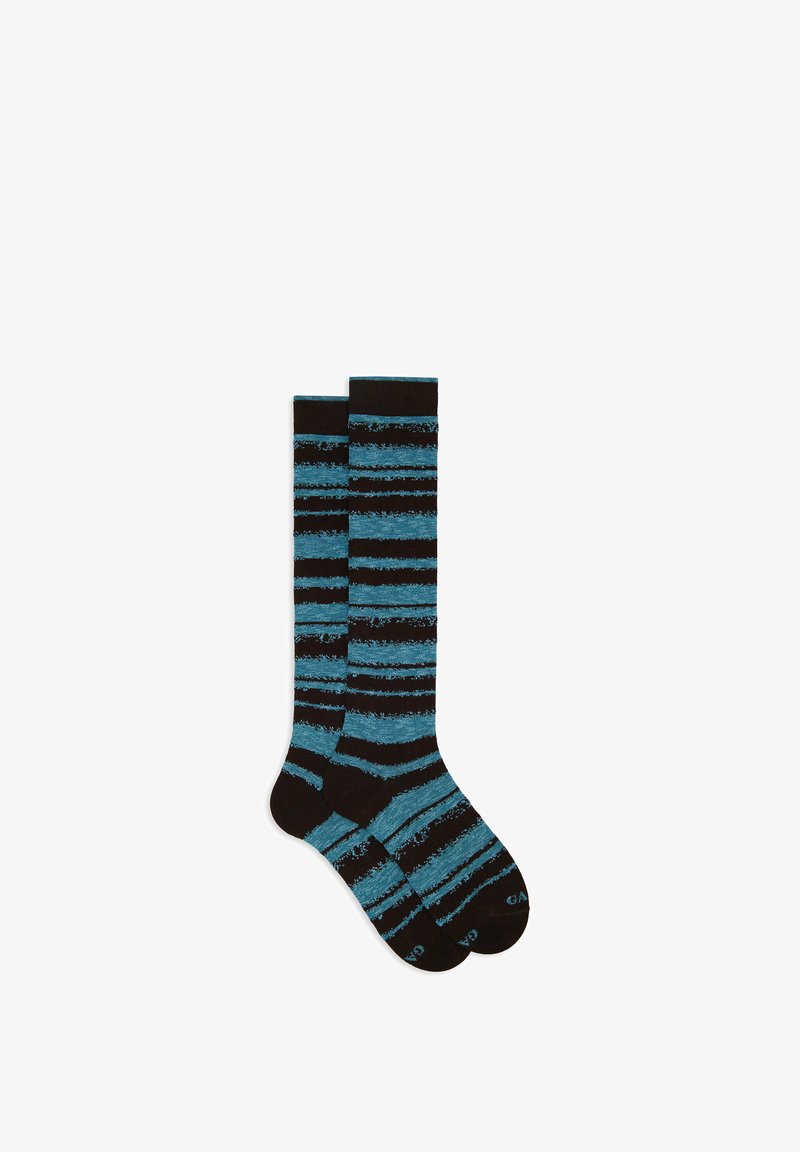 Black socks featuring horizontal stripes in varying shades of blue, with a textured pattern throughout. Medium-length design.