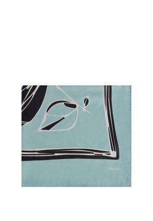 Quadrato di tessuto azzurro chiaro con disegni astratti di foglie in bianco e nero e un bordo stilizzato bianco e nero.