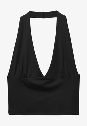 Schwarzes ärmelloses Crop-Top mit tiefem V-Ausschnitt, gerafftem Stoffdetail und glatter Textur. Einfaches Design, ohne Verzierungen.