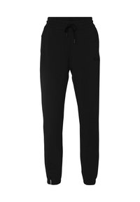 Schwarze Jogginghosen mit einem Kordelzugbund, seitlichen Taschen und elastischen Säumen. Hergestellt aus einem weichen, strukturierten Stoff. Dezente Markenkennzeichnung an der Seite.