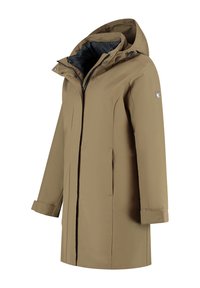 Lange beige waterdichte jas met een vaste capuchon, rits aan de voorkant, drukknoopjes, zijzakken en verstelbare mouwbanden.