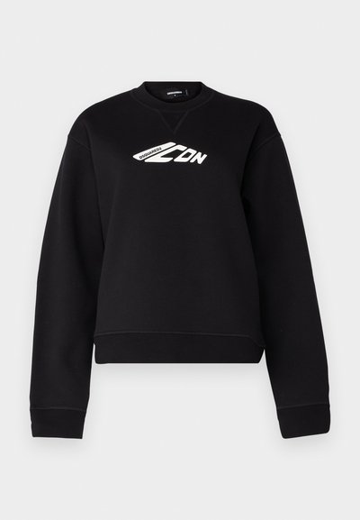 Black sweatshirt featuring a crew neckline, long sleeves, and a white logo design on the chest. Made from a soft, textured fabric.
