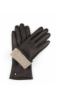 Brown leather gloves with a light beige knitted cuff. Smooth texture with five fingers and a small metallic logo accent.