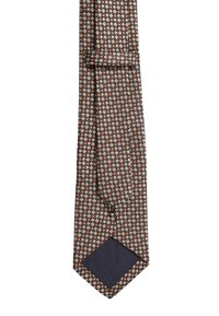 Cravatta marrone con motivo a piccole forme a rombo arancioni e crema. Texture liscia con punta e fodera discreta color navy.