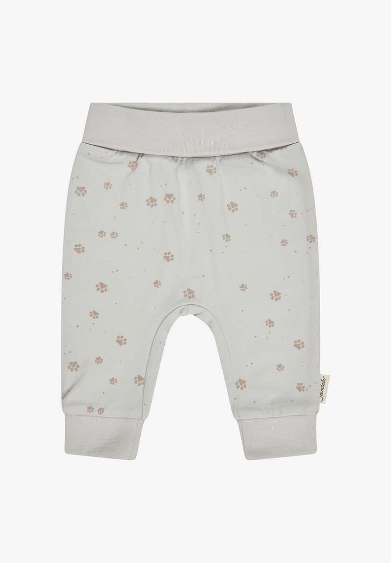 Light gray baby pants with brown paw prints, wide elastic waistband, and fitted cuffs at ankles.
