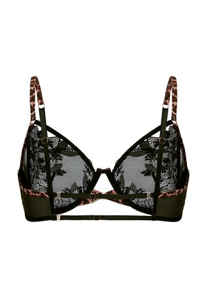 Black lace bra with floral pattern, leopard print adjustable straps, and multiple front connecting bands on white background.