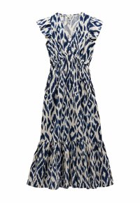 Kleita ar zilu un baltu leoparda rakstu, īsām drapētām piedurknēm, V veida kakla izgriezumu, elastīgu jostasvietu un izceltu drapētu apakšdaļu.