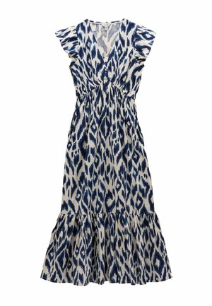 Kleid mit einem blau-weißen Leopardenmuster, kurzen rüschierten Ärmeln, einem V-Ausschnitt, einem elastischen Bund und einem ausgestellt rüschierten Saum.