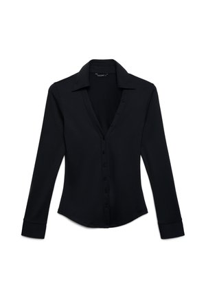 Black long-sleeve shirt with a deep V-neck and button-down front, crafted from smooth fabric. Features a structured collar and fitted design.