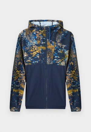 Navy blue hooded jacket with full zipper, elastic cuffs, and upper part featuring a multicolor leaf and fern pattern.