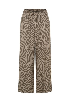 Bukser med vide ben med elastisk talje og beige og mørkebrunt zebra print mønster.