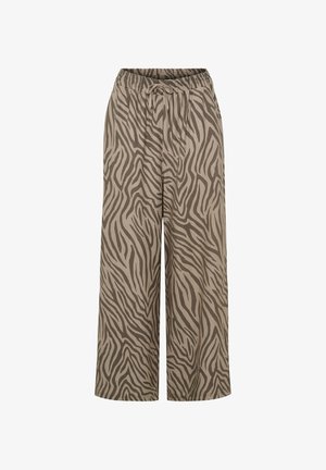Bukser med vide ben med elastisk talje og beige og mørkebrunt zebra print mønster.
