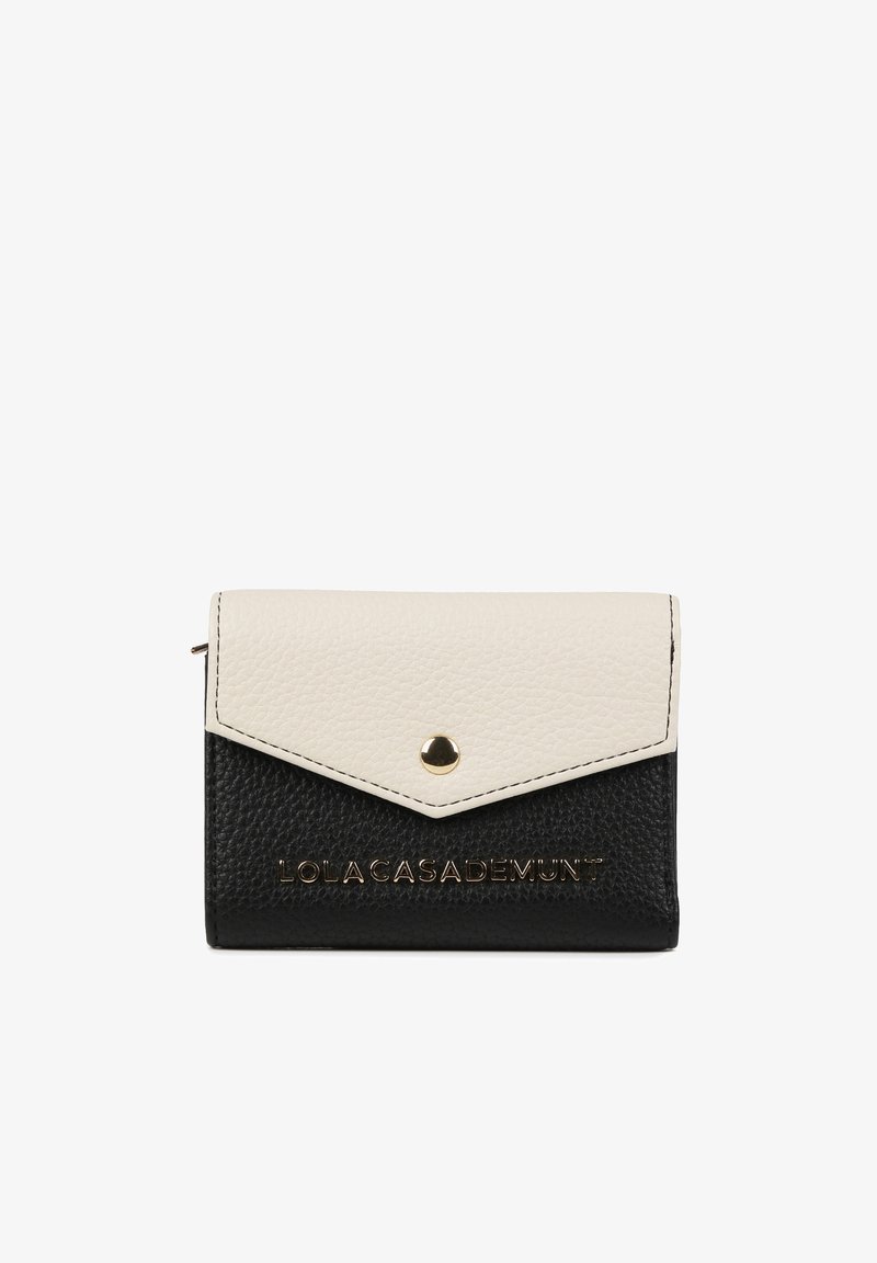 Crna i bijela teksturirana kožna novčanica s trokutastim preklopom, zlatnom kopčom na pritiskanje i uvezenim logom sprijeda.