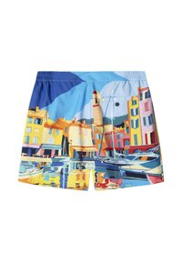 Trunks de bain pour hommes avec un fond bleu présentant une scène de port vibrante. Fabriqués en matériau léger, avec une taille élastique et une poche latérale.