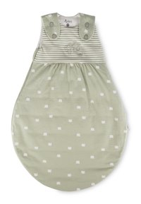 Ärmelloser Schlafsack aus weichem grünem Stoff, mit gestreiftem Oberteil, besticktem Muster und kleinen Kronenmustern über das gesamte Kleidungsstück verteilt.