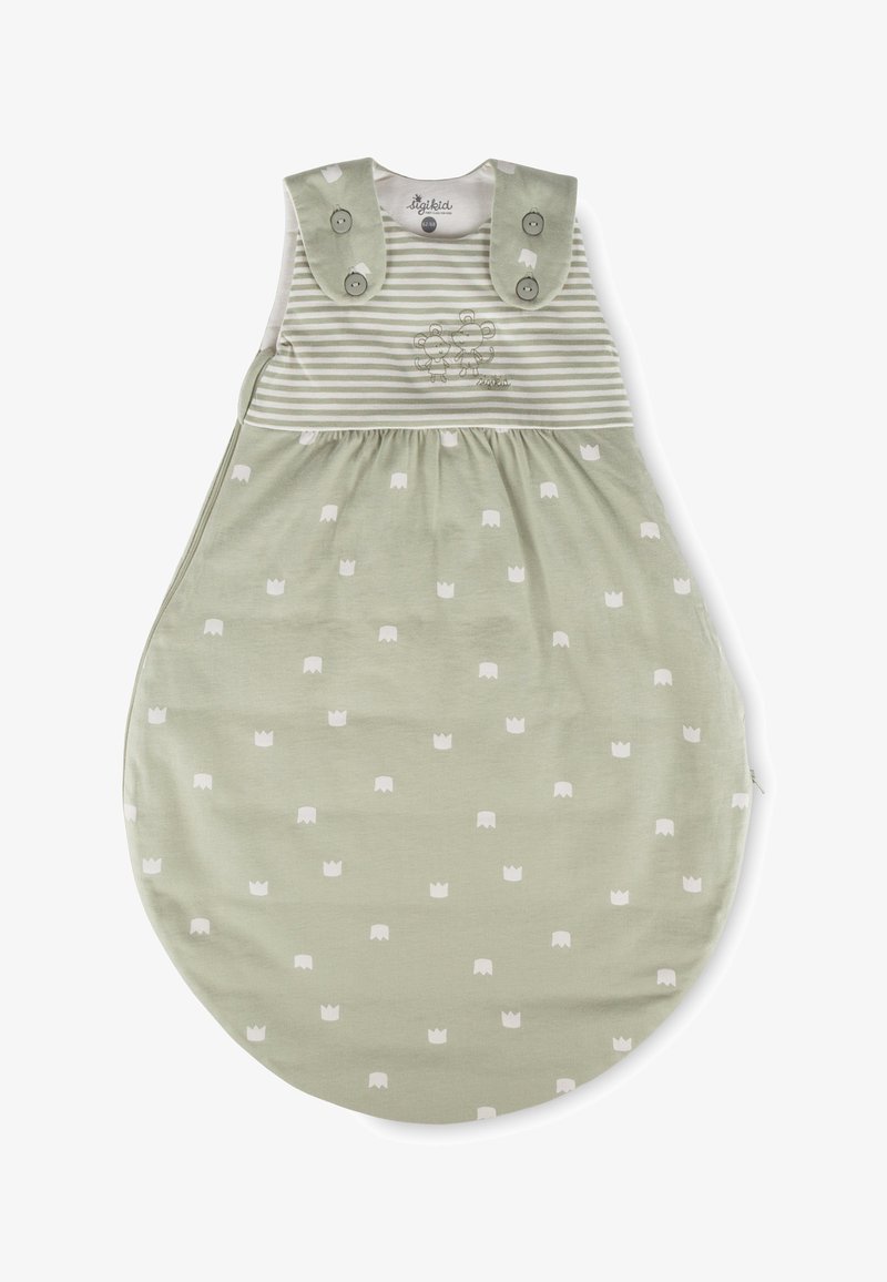 Ärmelloser Schlafsack aus weichem grünem Stoff, mit gestreiftem Oberteil, besticktem Muster und kleinen Kronenmustern über das gesamte Kleidungsstück verteilt.